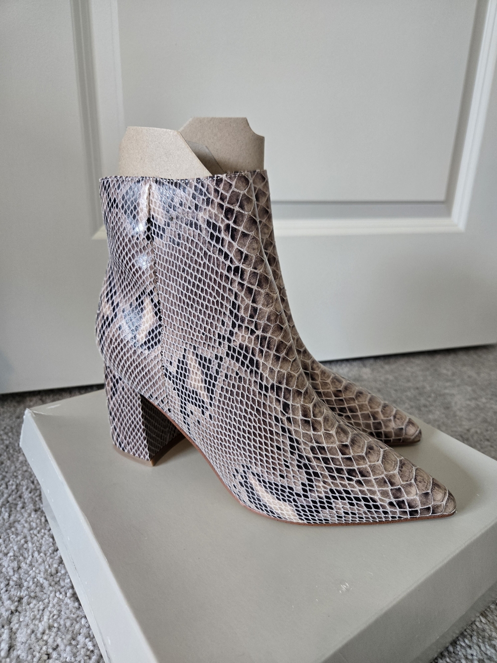 Marc Fisher Snake-Print Pointed Toe Ankle Boots